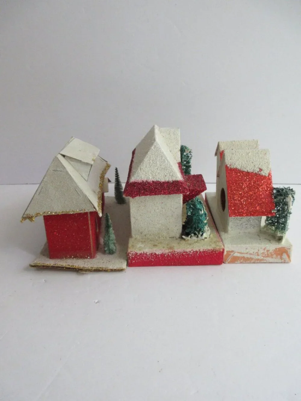 3 Putz Japan Cardboard Christmas Village Red Houses Church, Bottle Brush Trees